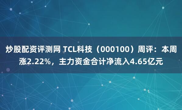 炒股配资评测网 TCL科技（000100）周评：本周涨2.22%，主力资金合计净流入4.65亿元